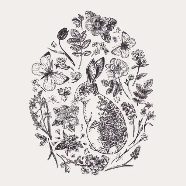 Vector illustration of Herbal composition with flowers and rabbit.