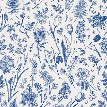 Vector botanical illustration. Seamless pattern with meadow and garden flowers. Blue.
