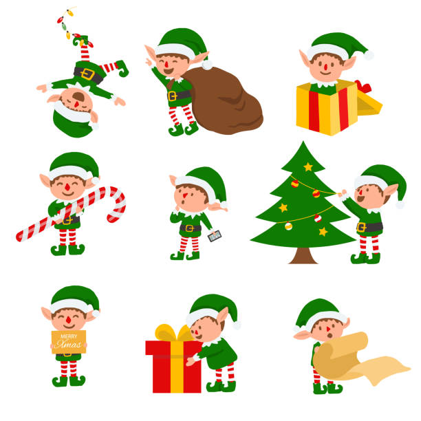 Collection of Christmas elves .vector illustration. Collection of Christmas elves isolated on white background. funny and joyful santa helper sending holiday gift and decoration christmas tree .vector illustration. santa claus elf assistance christmas stock illustrations