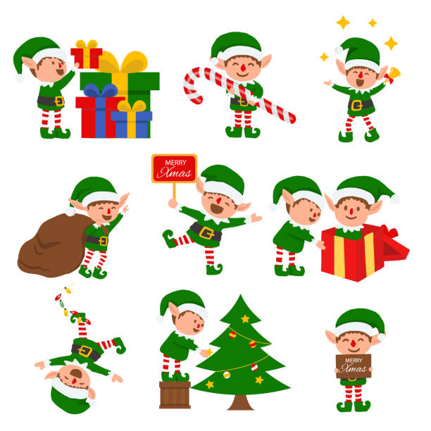 ilustraciones, imágenes clip art, dibujos animados e iconos de stock de colección de elfos navideños.ilustración vectorial. - elfo