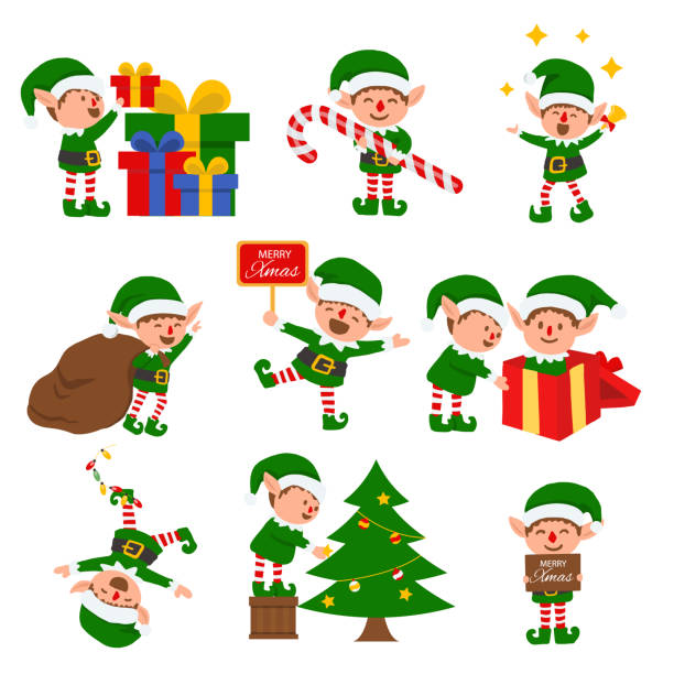 Collection of Christmas elves .vector illustration. Collection of Christmas elves isolated on white background. funny and joyful santa helper sending holiday gift and decoration christmas tree .vector illustration. elf stock illustrations