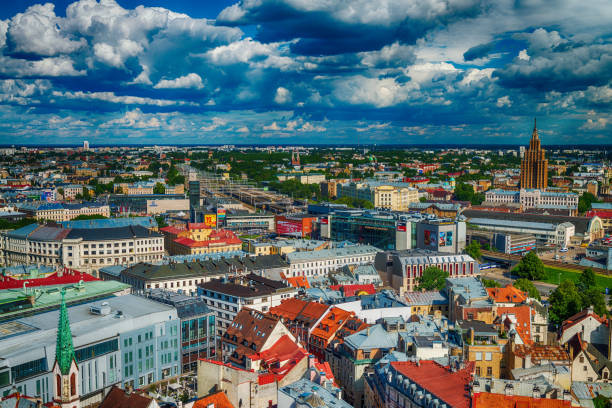 istock RIGA, LATVIA - JULY 7, 2017: Panoramic aerial city view. Riga attracts 2 million tourists annually 1175837344