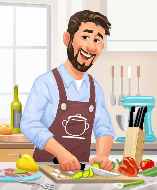 illustrations, cliparts, dessins animés et icônes de jeune homme dans les légumes de coupe de cuisine - chef men one person cooking