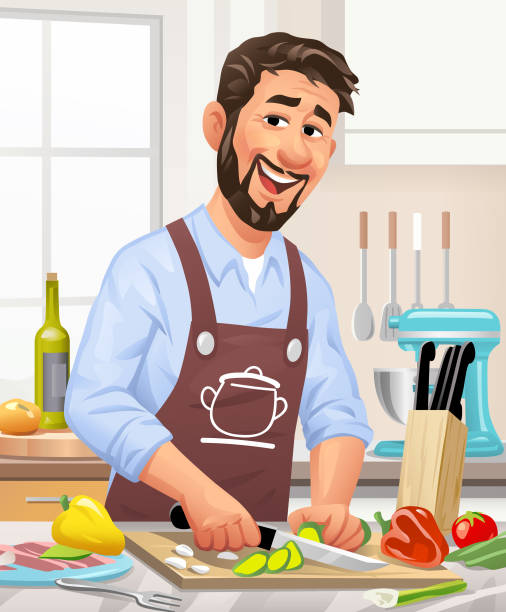 Young Man In The Kitchen Cutting Vegetables Stock Illustration - Download  Image Now - Men, Cutting, Cooking - iStock