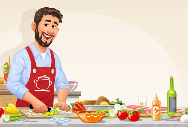 illustrations, cliparts, dessins animés et icônes de homme dans la cuisine préparant le repas - chef men one person cooking