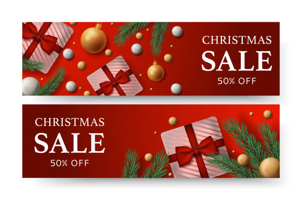 istock Christmas emblem Sale with price stickers. Coupon with realistic fur-tree with balls, gift box with lettering. Background Xmas design 3d. Poster, greeting cards, head 1175841708