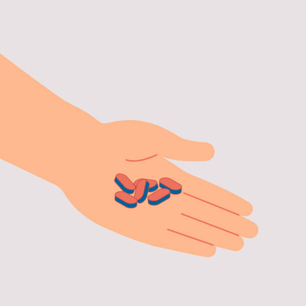 Human hand holds pile of pills and tablets isolated from background. Human hand holds pile of pills and tablets isolated from background. Concept of medication treating illness or disorder. Cartoon flat vector illustration. giving medication stock illustrations
