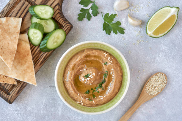 istock Traditional  eggplant hummus baba ganoush wit ingredients. Middle Eastern cuisine. Top view, overhead 1175848916