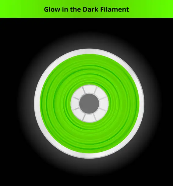Vector illustration of Vector illustration of green glow in the dark pla filament for 3D printing wounded on the spool. Icon is on a dark background.