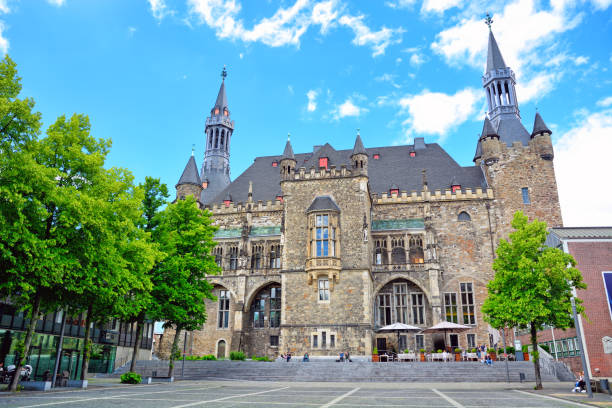 Aachen Town Hall, Germany Southern facade of Aachen Town Hall in the Altstadt of Aachen, Germany aachen stock pictures, royalty-free photos & images