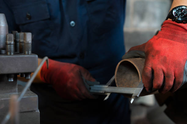 istock Hands of industrial engineer measuring a pipe in a manufacturing workshop 1175862456