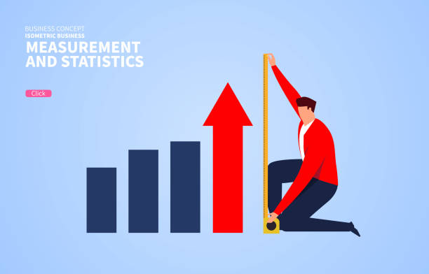 ilustraciones, imágenes clip art, dibujos animados e iconos de stock de empresario tomando la cinta métrica y contando el alto desarrollo del negocio - measuring