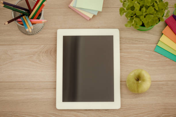 Workspace with mockup blank screen tablet