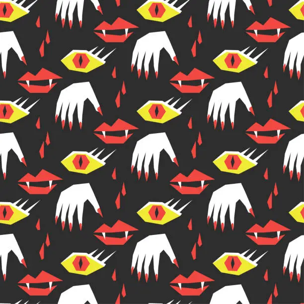 Vector illustration of Seamless vector Halloween holiday pattern. Scary witch and vampire background with eyes, blood and lips. For fabric, textile, cover, wrapping, web etc. 10 eps design.