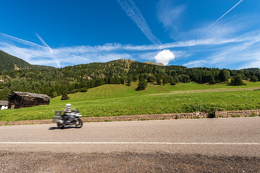 Green meadows and woods in mountain with a biker moving on asphalt road, Viezzena peak. Val di Fiemme, Bellamonte village, Predazzo, Trentino Alto Adige, Italy, Europe