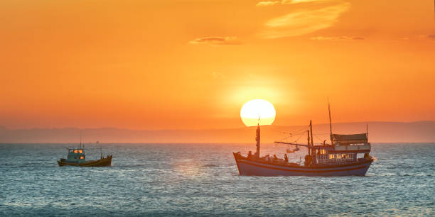 Sea landscape at sunset when fishing boats out to sea to harvest fish end the day. Sea landscape at sunset when fishing boats out to sea to harvest fish end the day. basket boat stock pictures, royalty-free photos & images