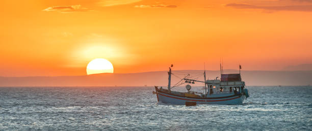 Sea landscape at sunset when fishing boats out to sea to harvest fish end the day. Sea landscape at sunset when fishing boats out to sea to harvest fish end the day. basket boat stock pictures, royalty-free photos & images