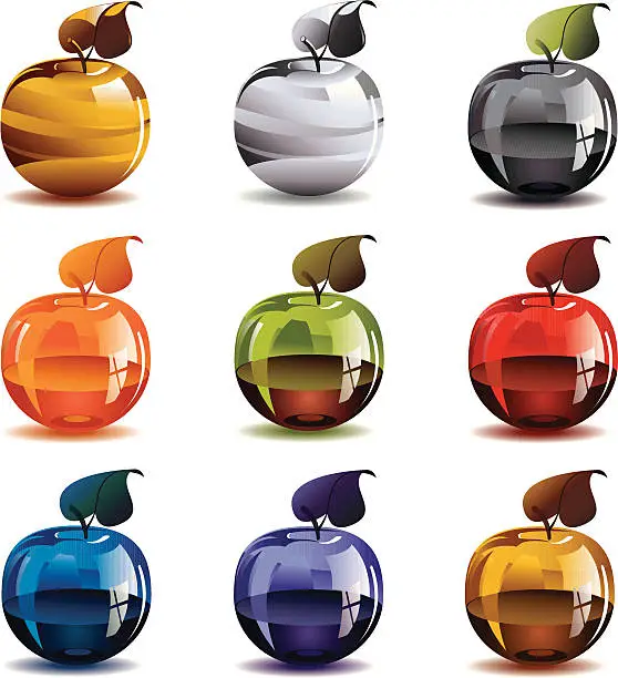 Vector illustration of Gold, silver and glass apples.