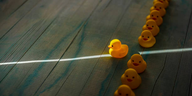 Conceptual image depicting standing out from the crowd, hope, freedom, searching, following one's goals/aspirations, belief, perseverance, change, getting away from it all, etc. fila de patos de goma amarillos en una línea formal con un pato que se libera de la línea en dirección a un eje de luz que brilla a través de la oscuridad, escena situada sobre un viejo fondo de panel de madera azul y blanco, que representa conceptualm