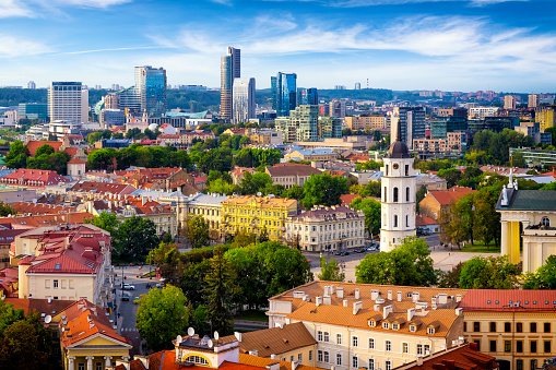 Aerial view of the old town and the modern center of Vilnius, Lithuania
