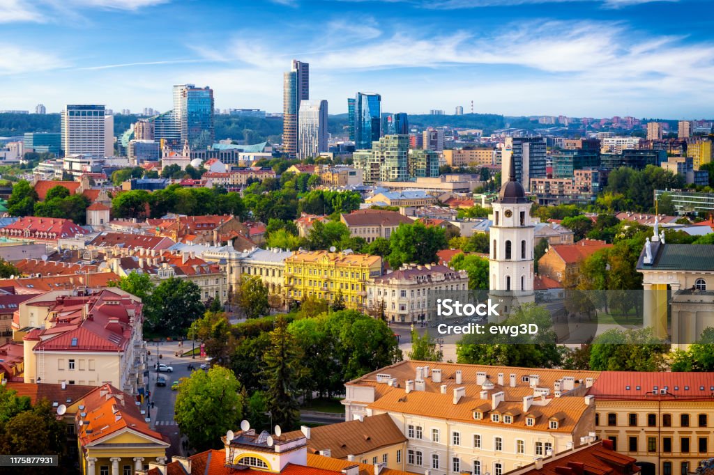 Aerial view of the old town and the modern center of Vilnius, Lithuania Vilnius Stock Photo