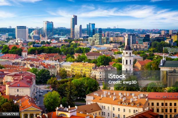 Aerial View Of The Old Town And The Modern Center Of Vilnius Lithuania Stock Photo - Download Image Now