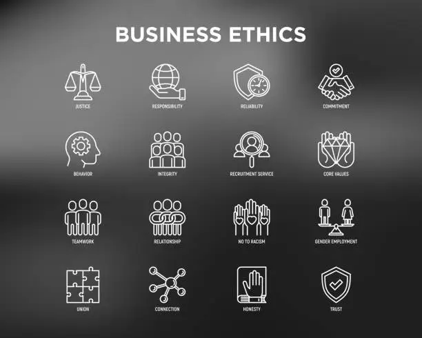 Vector illustration of Business ethics thin line icons set: connection, union, trust, honesty, responsibility, justice, commitment, no to racism, teamwork, gender employment, core values. Modern vector illustration.