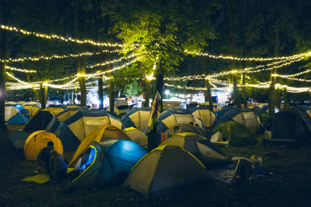 Camping on music festival at night