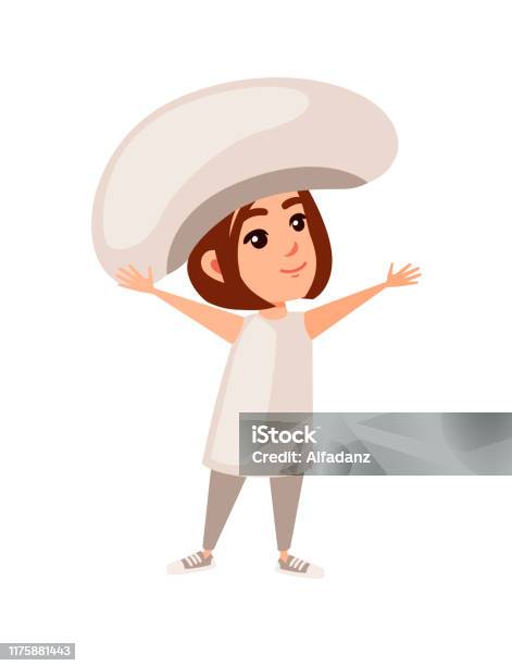 Kid Wearing White Champignon Costume Cartoon Character Design Flat Vector Illustration Isolated On White Background Stock Illustration - Download Image Now - iStock