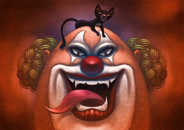 scary clown with black cat digital painting / raster illustration of scary clown with black cat scary clown mouth stock illustrations