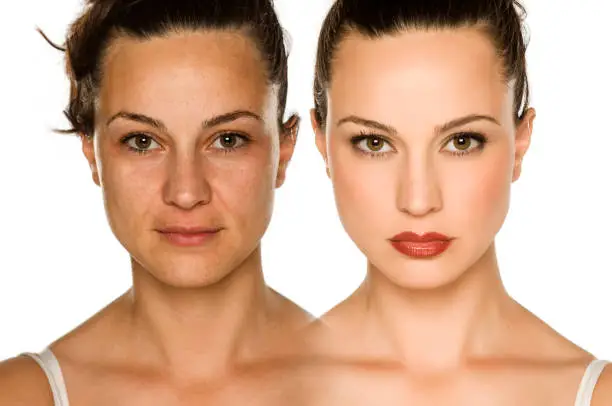 Comparison portrait of woman without and with makeup. Makeover concept.