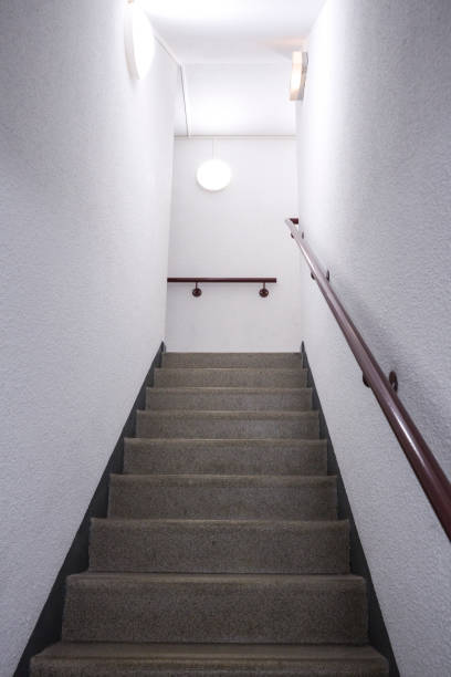 istock stairs with brown carpeting and handrail. White wall in staircase 1175888536