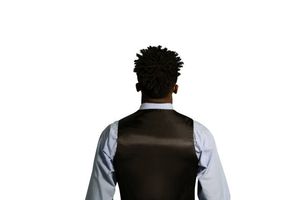 Close up back view of a young African American businessman wearing a white shirt and a vest