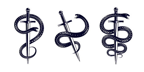 Snake and Dagger, Serpent wraps around a sword vector vintage tattoo, Roman god Mercury, luck and trickery, allegorical emblem of ancient symbol.