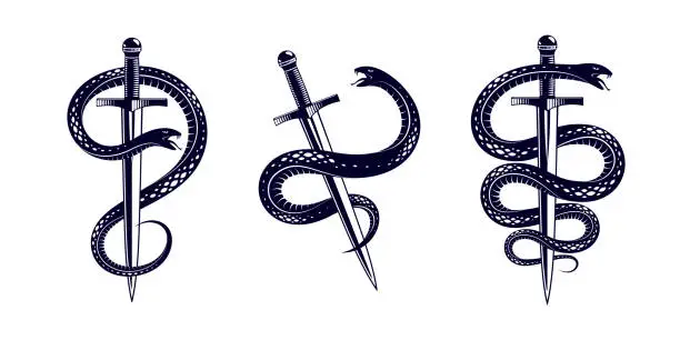 Vector illustration of Snake and Dagger, Serpent wraps around a sword vector vintage tattoo, Roman god Mercury, luck and trickery, allegorical emblem of ancient symbol.