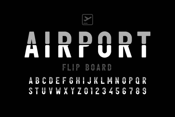 ilustraciones, imágenes clip art, dibujos animados e iconos de stock de fuente estilo panel de flip board del aeropuerto - ruta avion