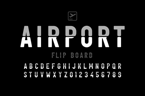 Airport flip board panel style font design, alphabet letters and numbers, vector illustration
