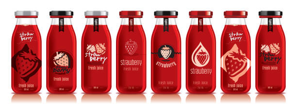 Vector strawberry juice, glass fruit bottle set - ilustração de arte vetorial