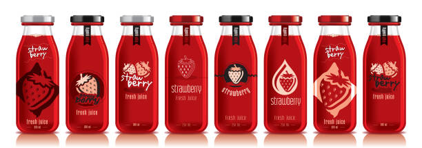 Vector strawberry juice, glass fruit bottle set vector art illustration