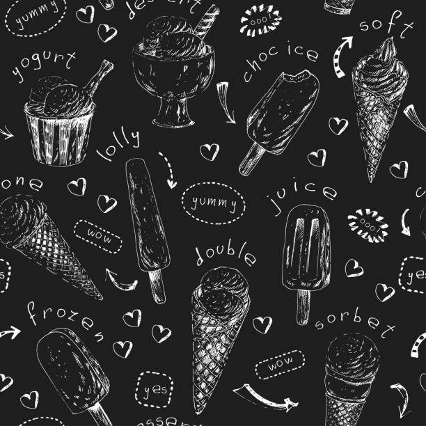 Sweet dessert seamless pattern. Hand drawn ice cream cones and popsicles. Sweet dessert seamless pattern. Hand drawn ice cream cones and popsicles. Chalk sketch illustration for menu or food package design. frozen coloring pages stock illustrations