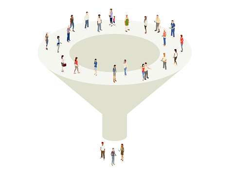 Illustration of a marketing sales funnel with a variety of people at the top and bottom