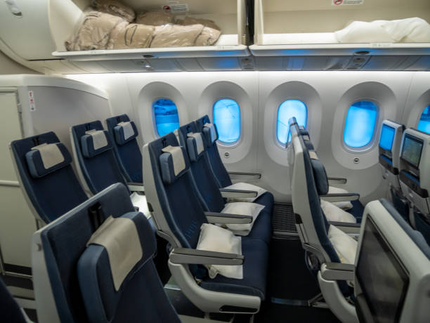 istock View of empty Airplane Seats with Balnkets in the Storage Shelf 1175897323
