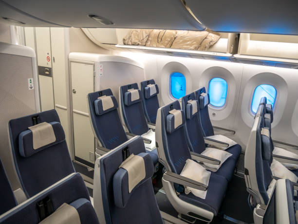テキサス州,アメリカ合衆国 - 2019年8月29日 - ストレージ棚オープン付きのbeoing 737-800飛行機内の座席 - airplane seat ストックフォトと画像