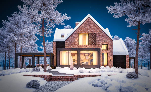 istock 3d rendering of modern clinker house on the ponds with pool in winter night 1175900331