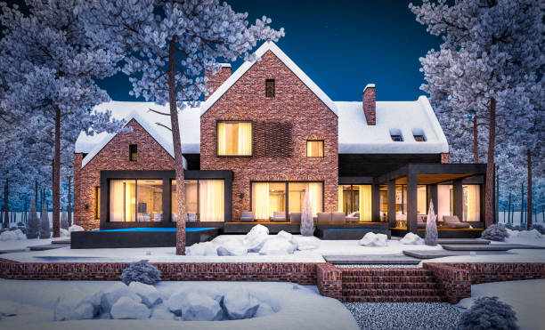 istock 3d rendering of modern clinker house on the ponds with pool in winter night 1175900363