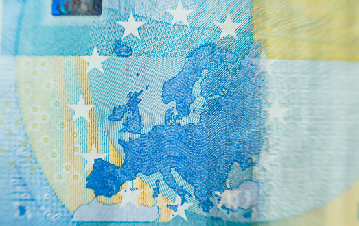 stack of multi-colored euro banknotes of various denominations. The modern banking system of Europe, cash. Loans and Savings