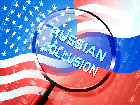 Russia Collusion Magnifier Depicting Conspiracy And Cooperation With The Russian Government 3d Illustration. Dirty Politics In The United States
