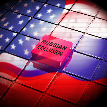 Russian Collusion During Election Campaign Button Means Corrupt Politics In America 3d Illustration. Conspiracy In A Democracy Allows Blackmail Or Fraud
