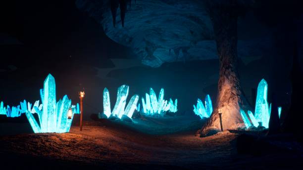 istock Blue mystical cave with the magic of sparkling crystals. 3D Rendering 1175908714