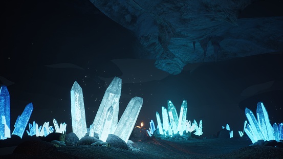 Blue mystical cave with the magic of sparkling crystals.